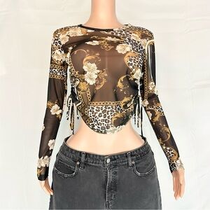 Guess Black and Gold Sheer Print Blouse